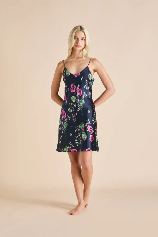 Venus Madison Navy Floral Slip Dress in Silk Satin sold by Olivia von Halle