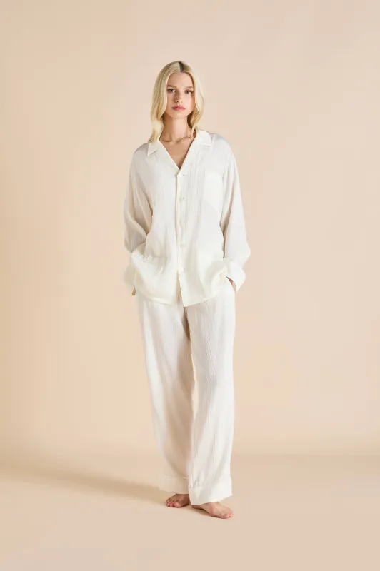Yves Tabitha Ivory Pajamas in Crinkled Silk Satin sold by Olivia von Halle