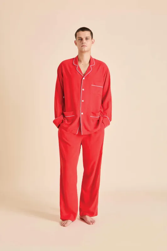 Laurent Crimson Red Pajamas in Sandwashed Silk sold by Olivia von Halle