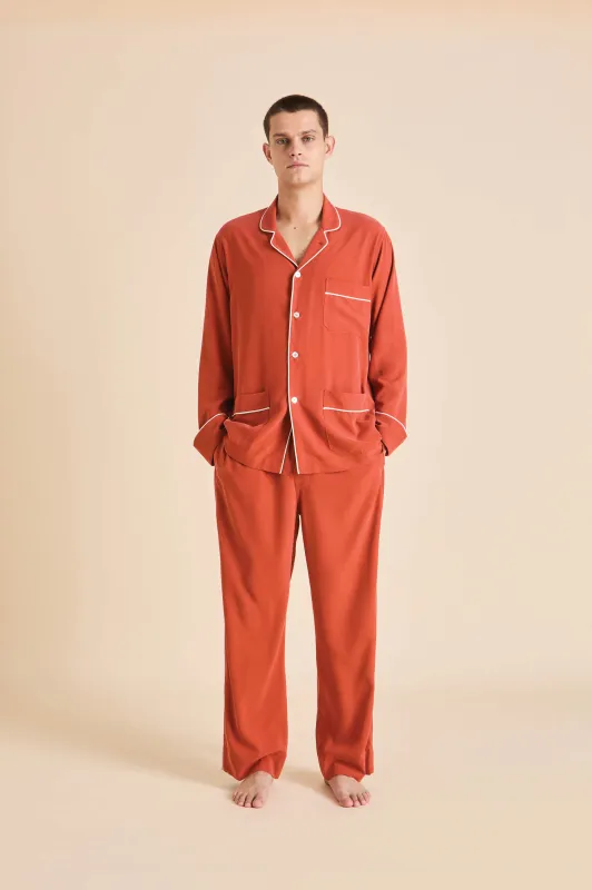 Laurent Rust Pajamas in Sandwashed Silk sold by Olivia von Halle