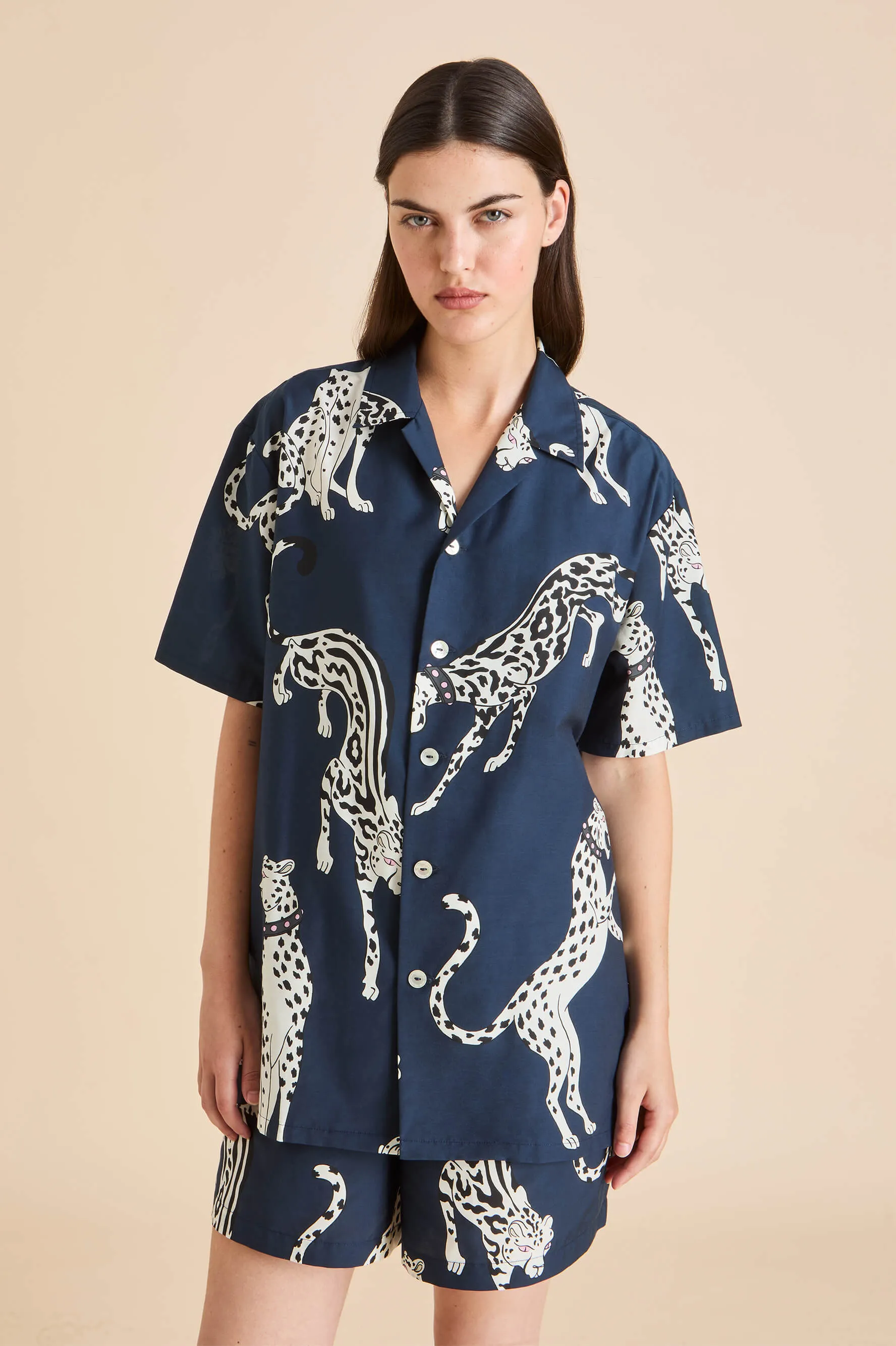 Emeli Ziegfeld Blue Leopard Pajamas in Cotton-Silk sold by Olivia von Halle product image thumbnail 3