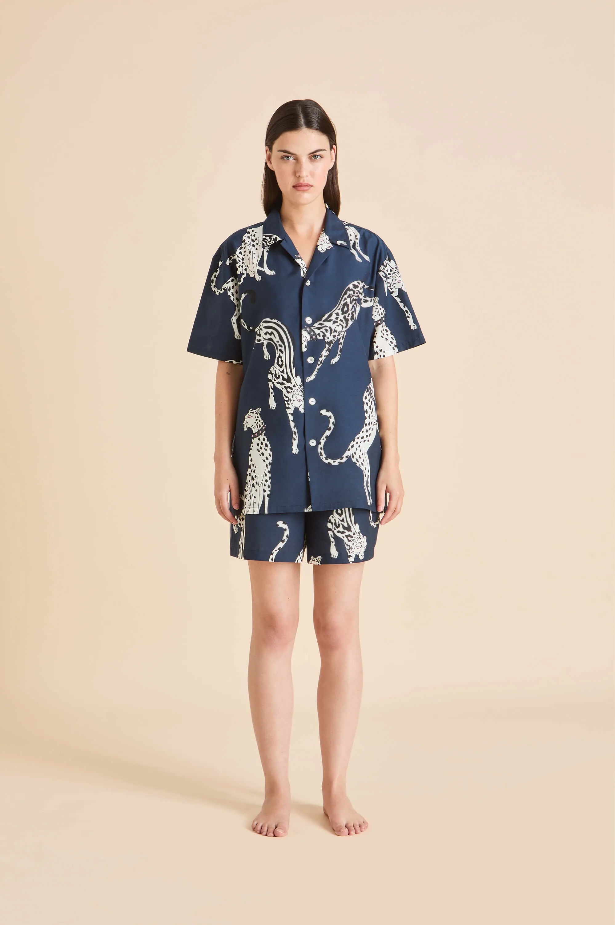 Emeli Ziegfeld Blue Leopard Pajamas in Cotton-Silk sold by Olivia von Halle