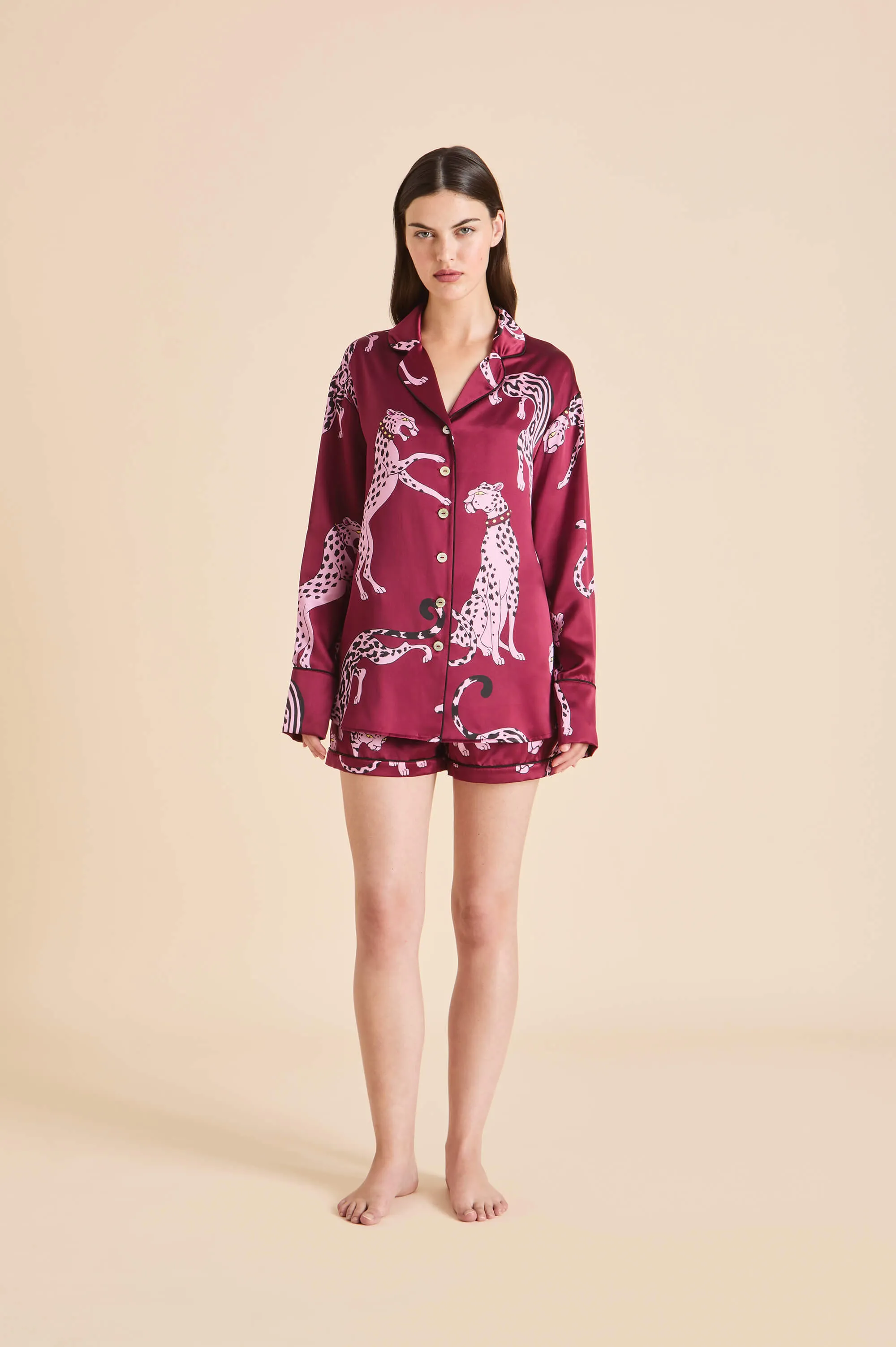 Alba Cherie Red Leopard Pajamas in Silk Satin sold by Olivia von Halle