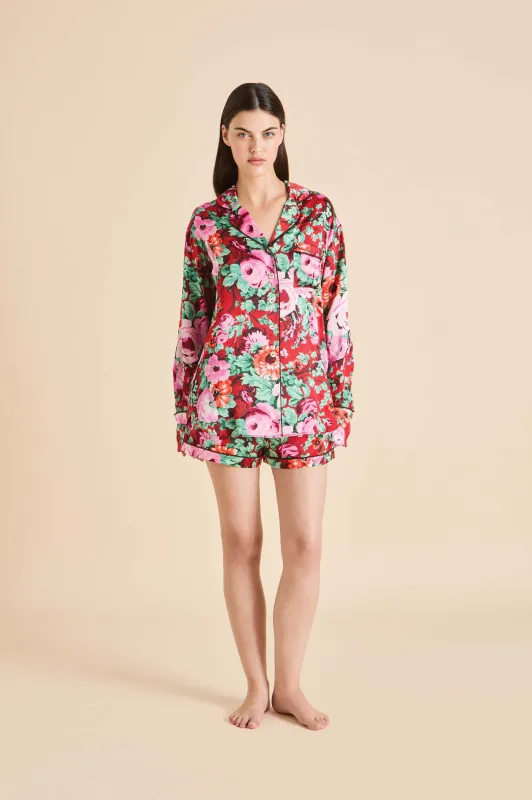 Alba Moulin Red Floral Pajamas in Silk Satin sold by Olivia von Halle