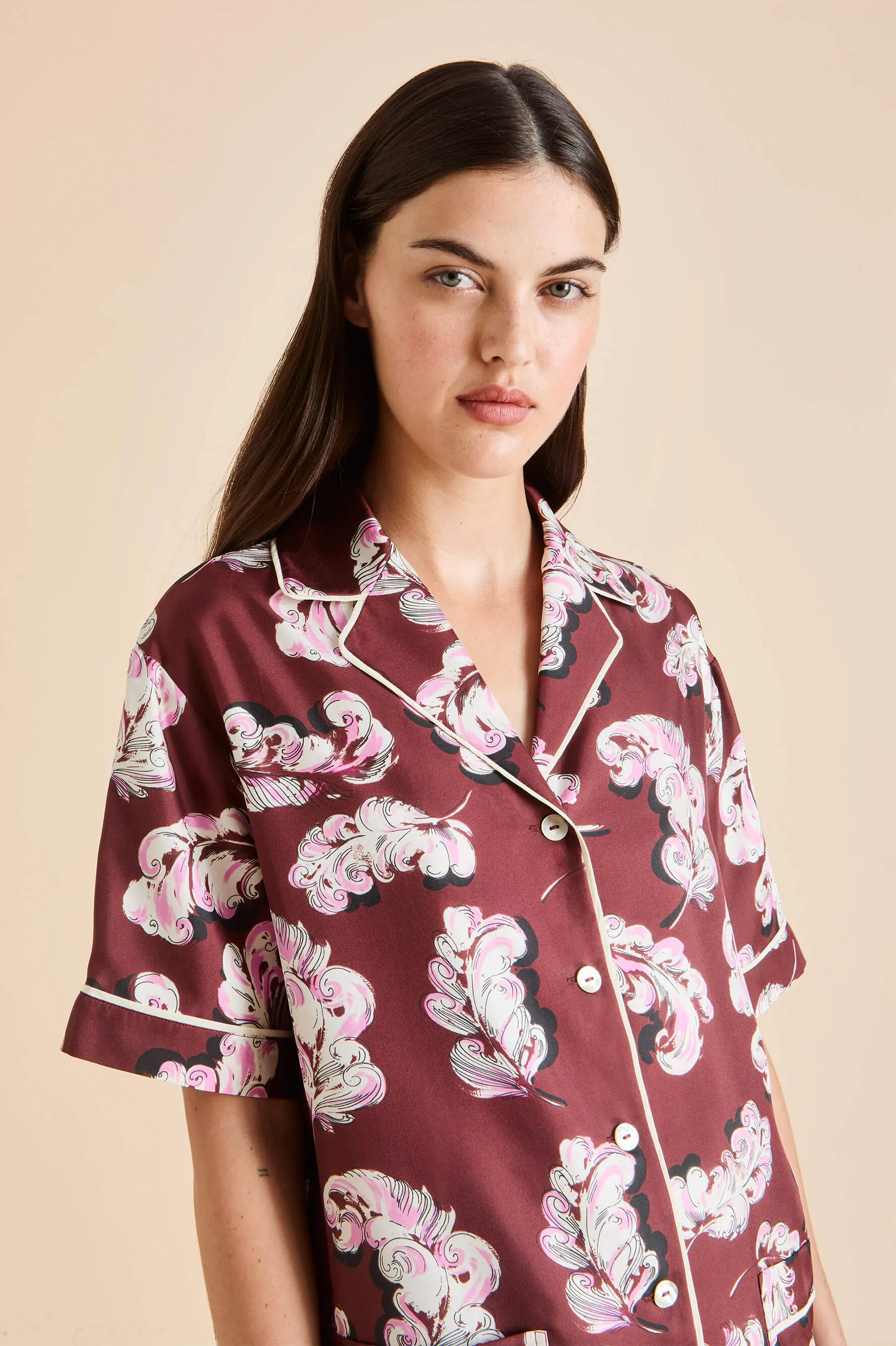 Ingo Boudoir Maroon Feather Pajamas in Silk Twill sold by Olivia von Halle product image thumbnail 3