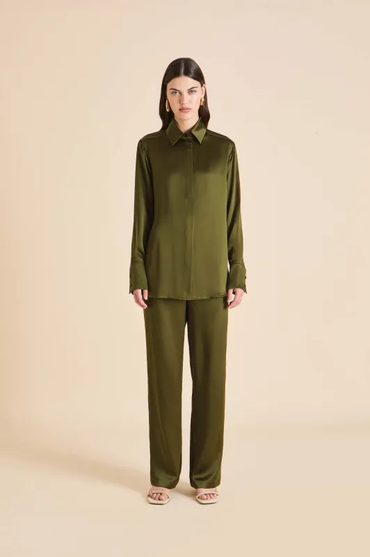 Bacall Ivy Green Pajamas in Silk Satin made by Olivia von Halle