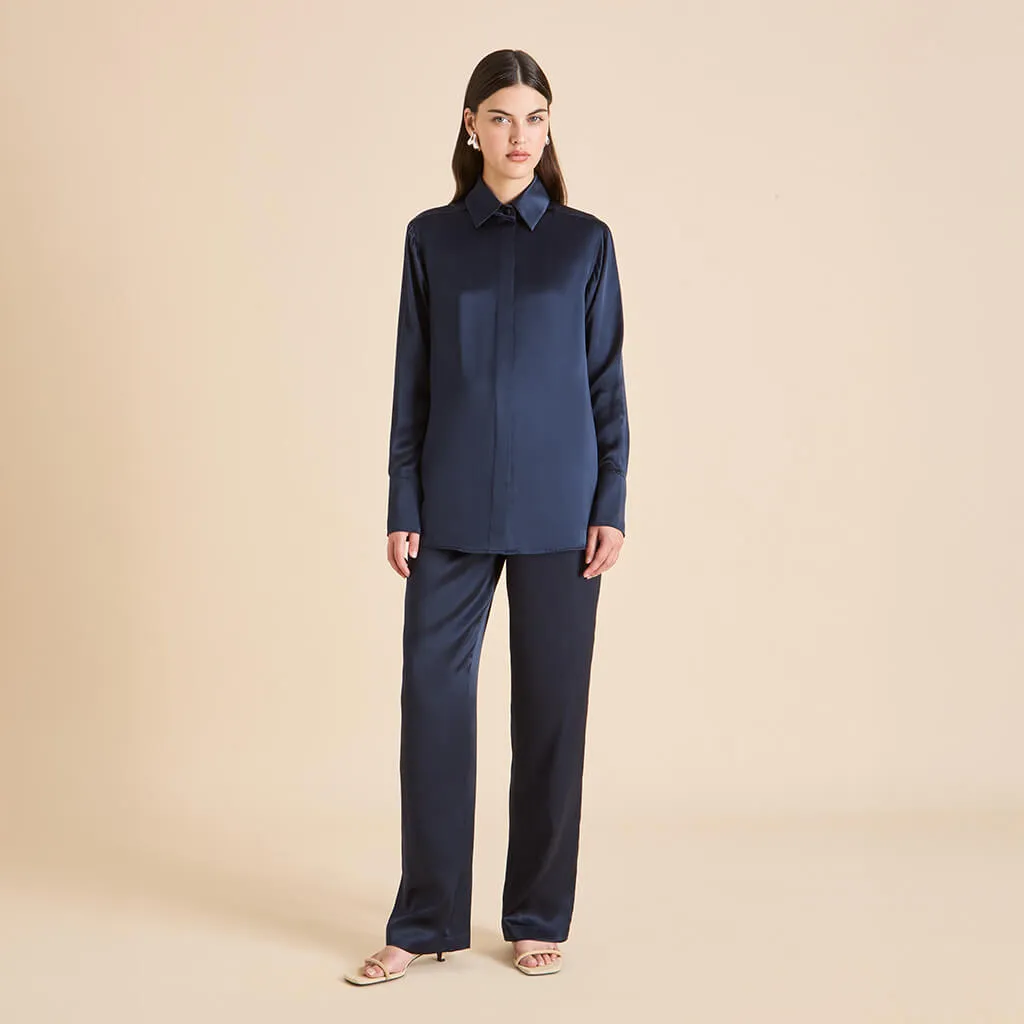 Bacall Navy Pajamas in Silk Satin sold by Olivia von Halle product image thumbnail 2
