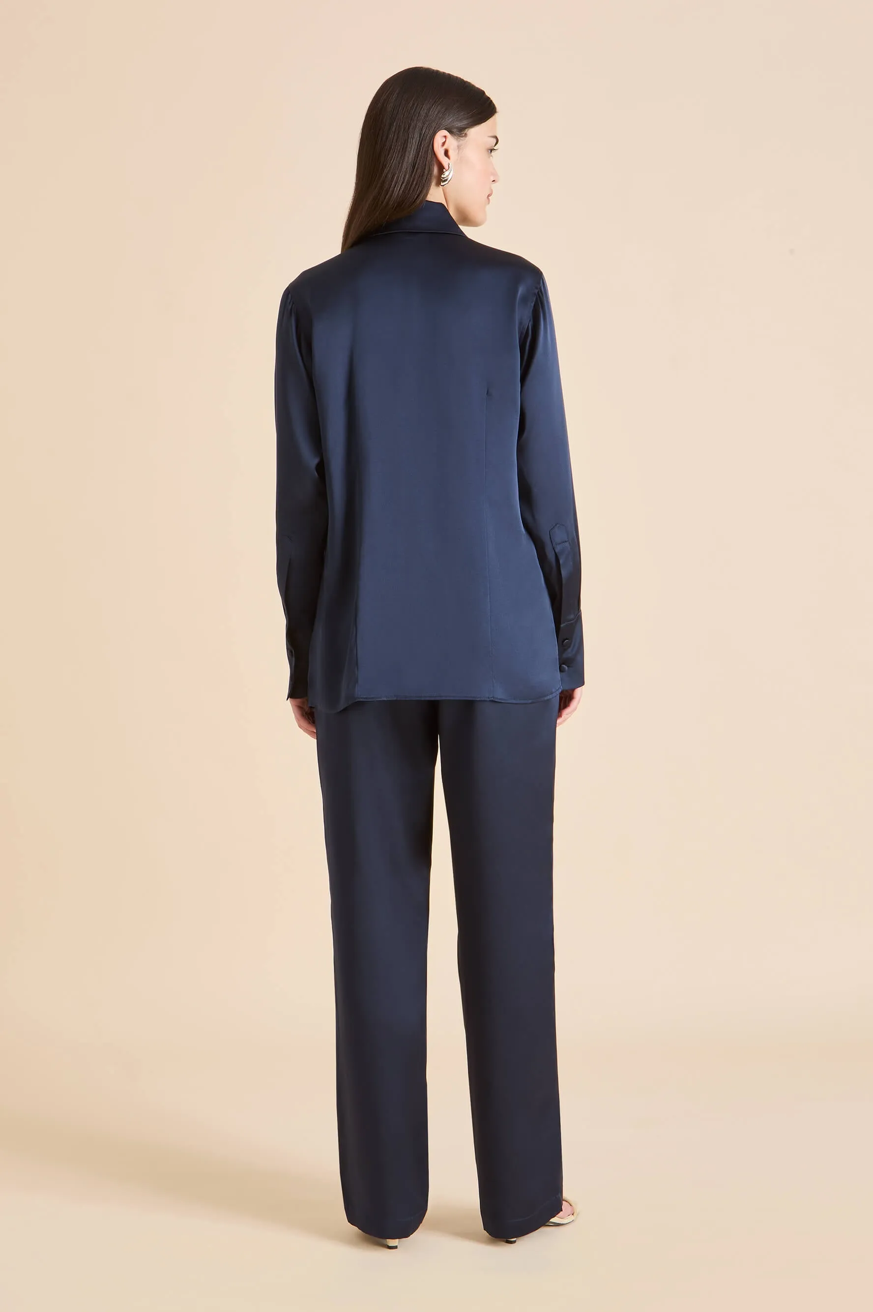 Bacall Navy Pajamas in Silk Satin sold by Olivia von Halle product image thumbnail 4
