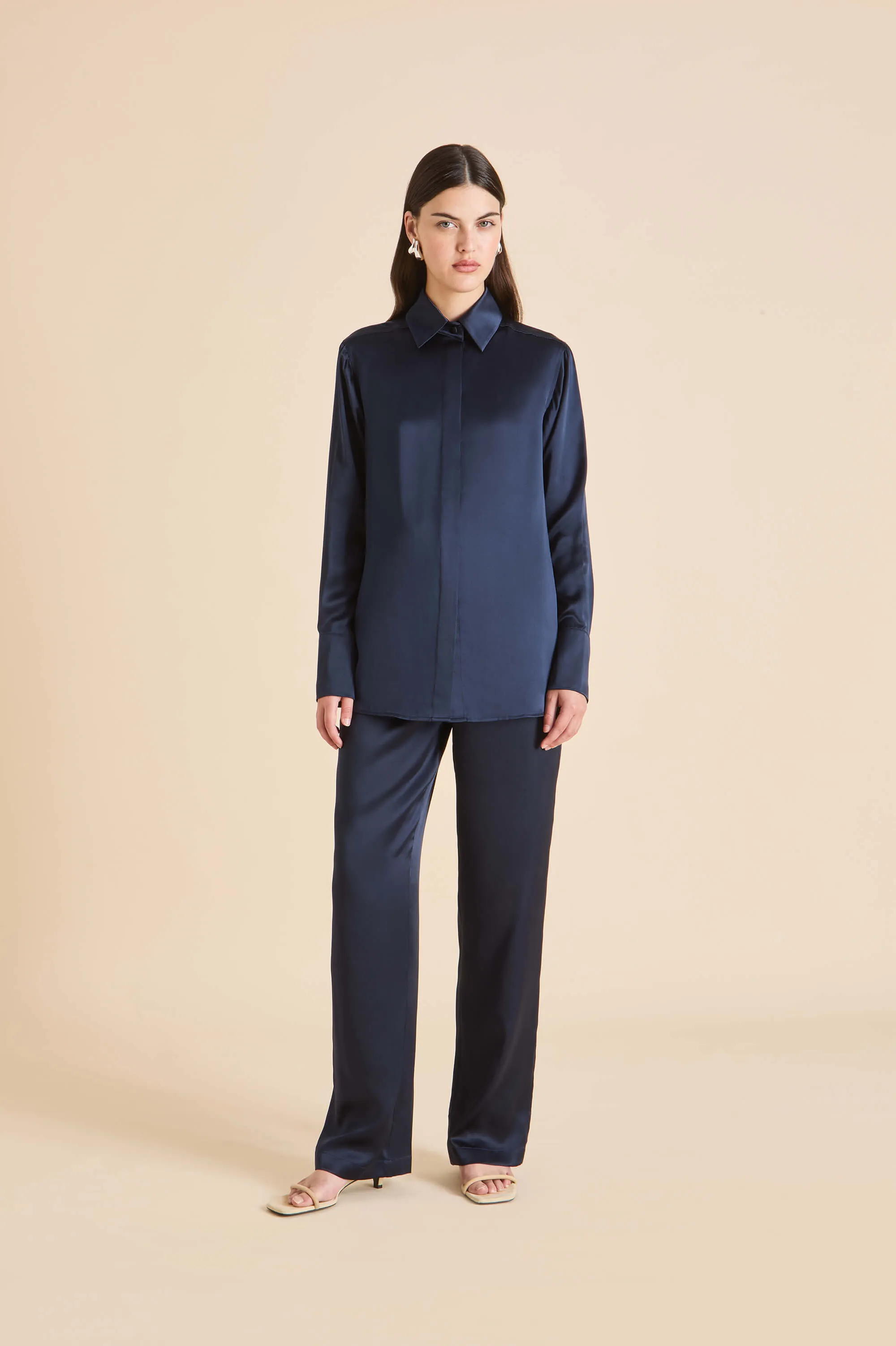 Bacall Navy Pajamas in Silk Satin sold by Olivia von Halle