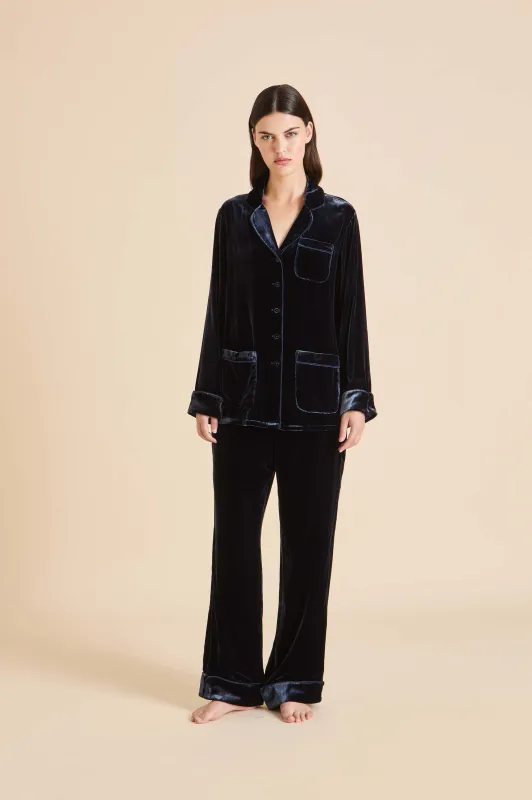 Coco Eclipse Navy Pajamas in Silk Velvet sold by Olivia von Halle