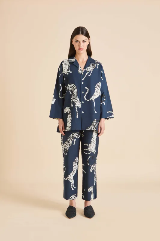 Casablanca Ziegfeld Blue Leopard Pajamas in Cotton-Silk made by Olivia von Halle