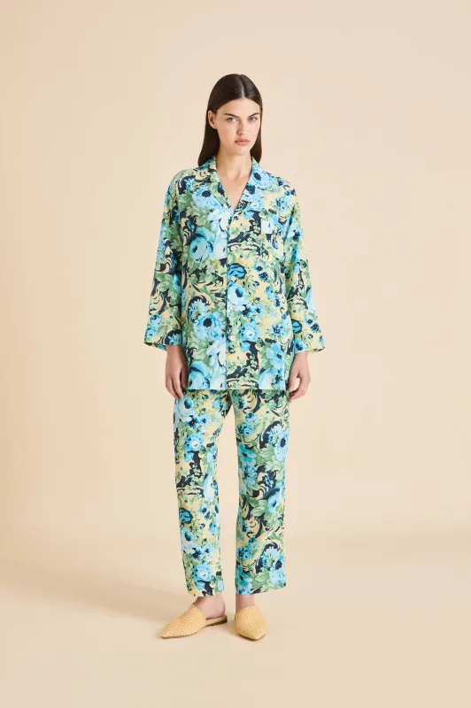 Casablanca Jardin Blue Floral Pajamas in Silk Crêpe de Chine sold by Olivia von Halle
