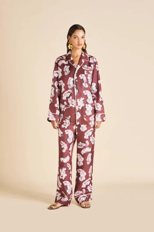 Yves Boudoir Maroon Feather Pajamas in Silk Twill made by Olivia von Halle