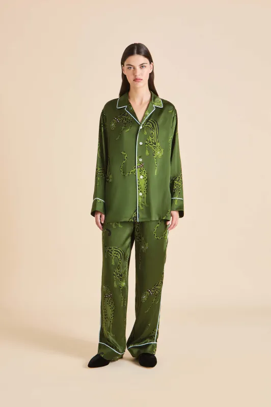 Yves Cosmos Green Leopard Pajamas in Silk Satin made by Olivia von Halle