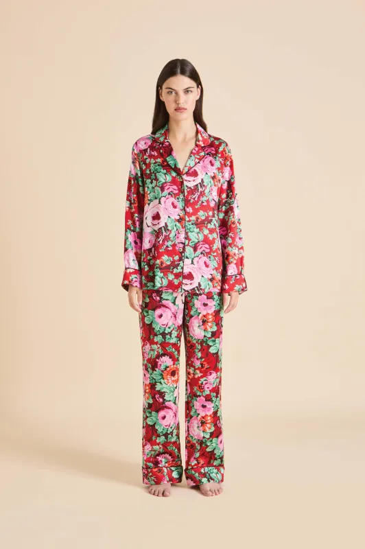 Lila Moulin Red Floral Pajamas in Silk Satin made by Olivia von Halle