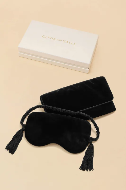 Audrey Valentina Black Fringe Eye Mask in Silk Velvet sold by Olivia von Halle