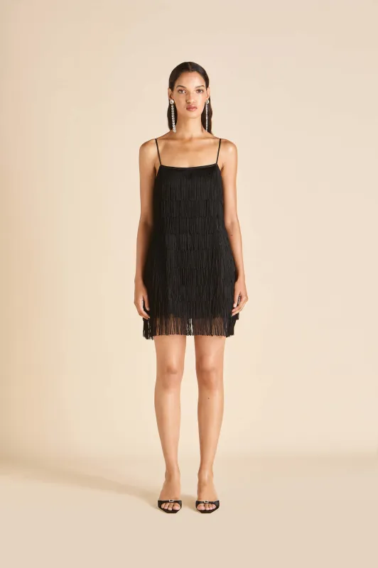 Lola Valentina Black Fringe Slip Dress in Silk Satin sold by Olivia von Halle