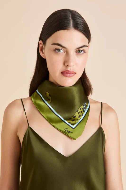 Dunaway Cosmos Green Leopard Scarf in Silk Satin sold by Olivia von Halle