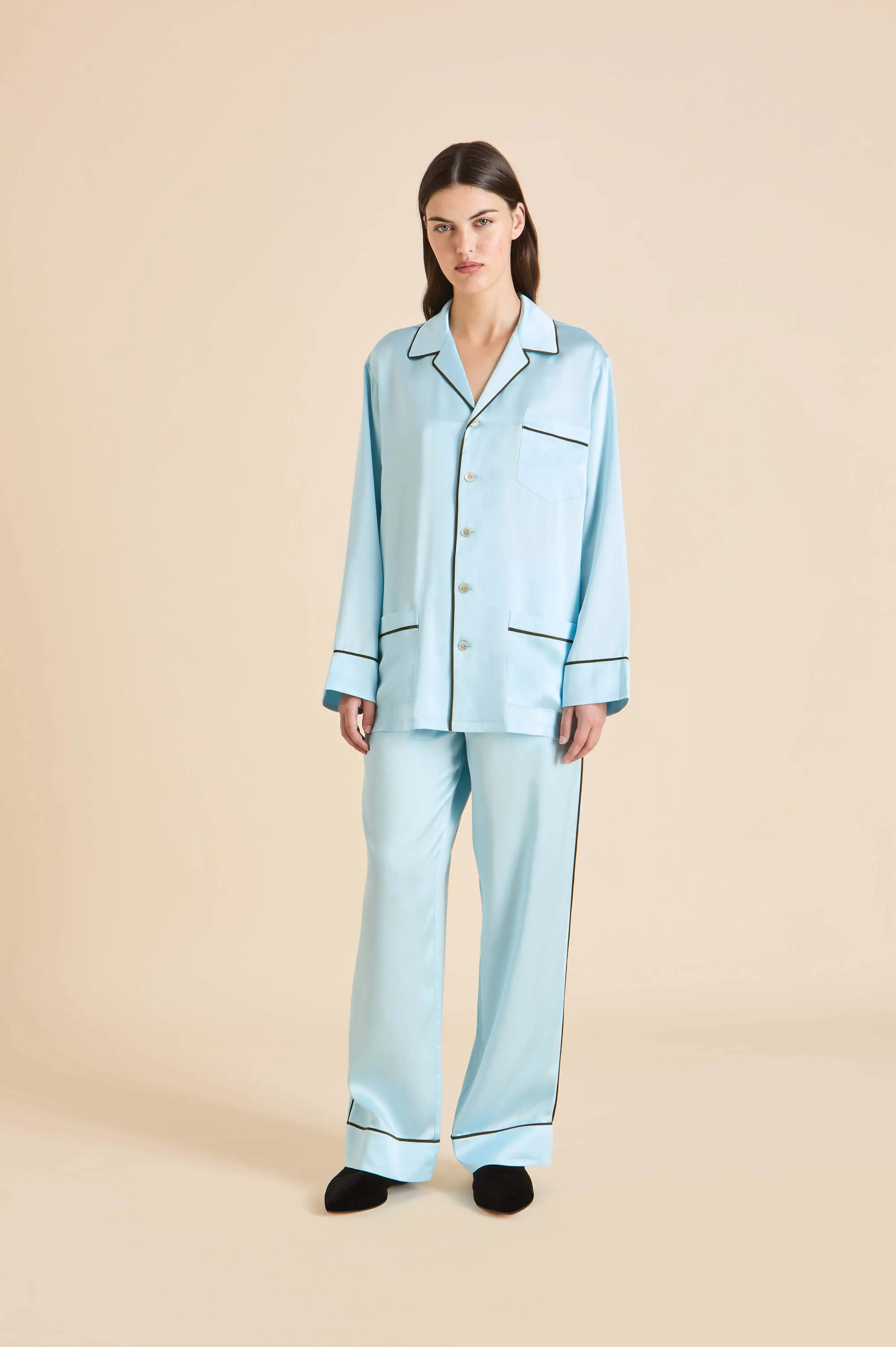 Yves Azure Blue Pajamas in Silk Satin sold by Olivia von Halle