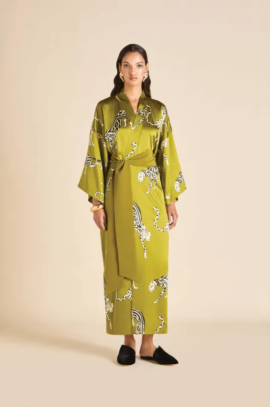 Queenie Chanson Green Leopard Robe in Silk Satin made by Olivia von Halle