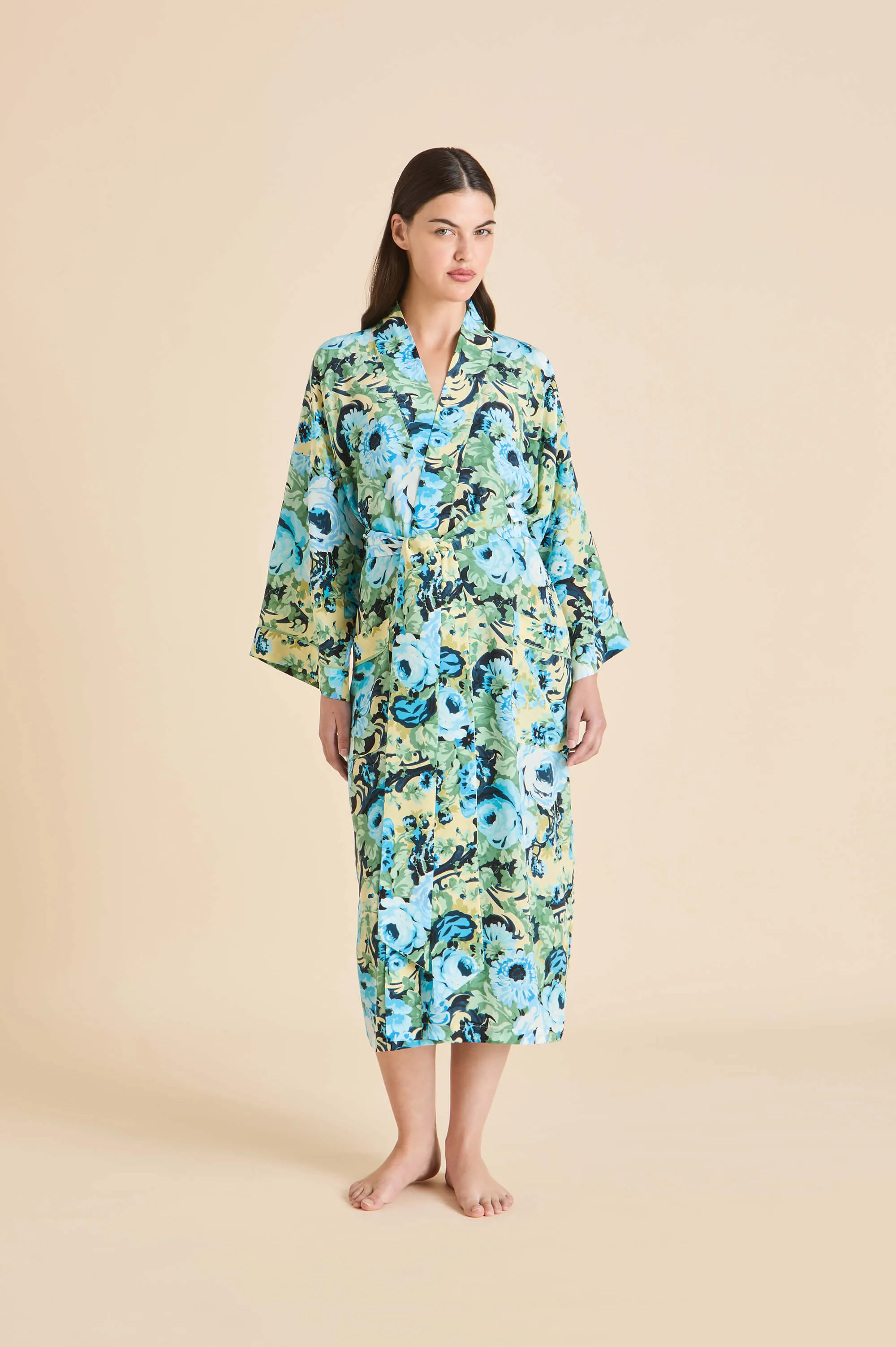Sabine Jardin Blue Floral Robe in Silk Crêpe de Chine sold by Olivia von Halle