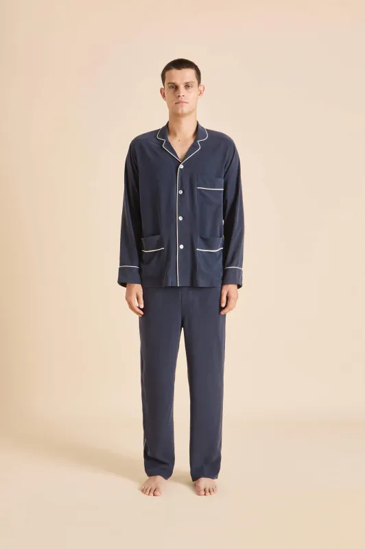 Laurent Navy Pyjamas in Sandwashed Silk sold by Olivia von Halle