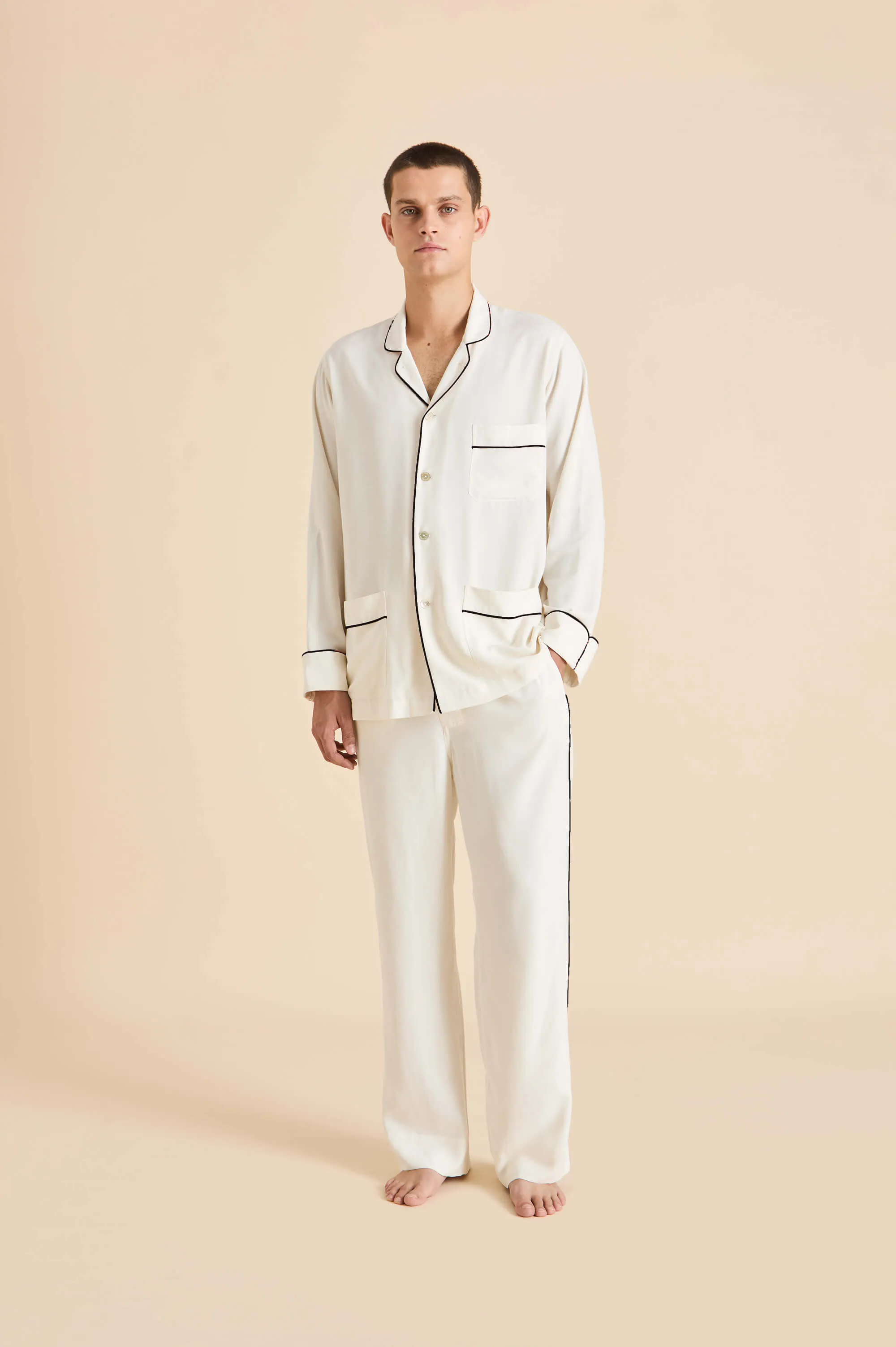 Laurent Ivory Pyjamas in Sandwashed Silk sold by Olivia von Halle