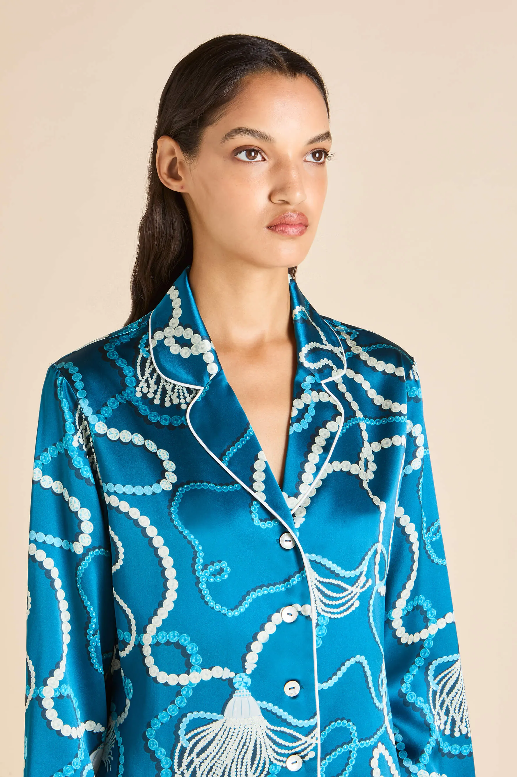 Lila Periwinkle Blue Jewel Pajamas in Silk Satin sold by Olivia von Halle product image thumbnail 3