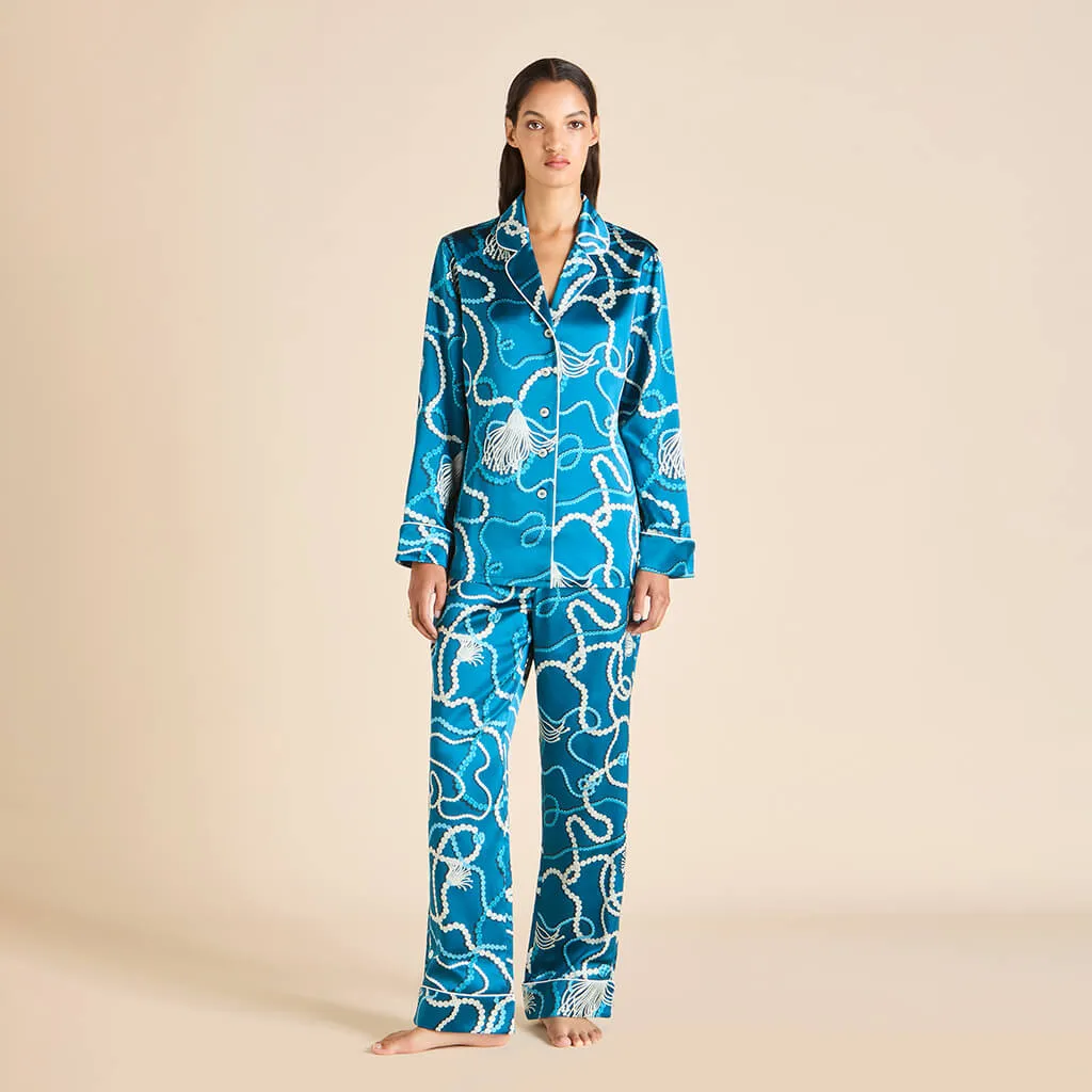 Lila Periwinkle Blue Jewel Pajamas in Silk Satin sold by Olivia von Halle product image thumbnail 2