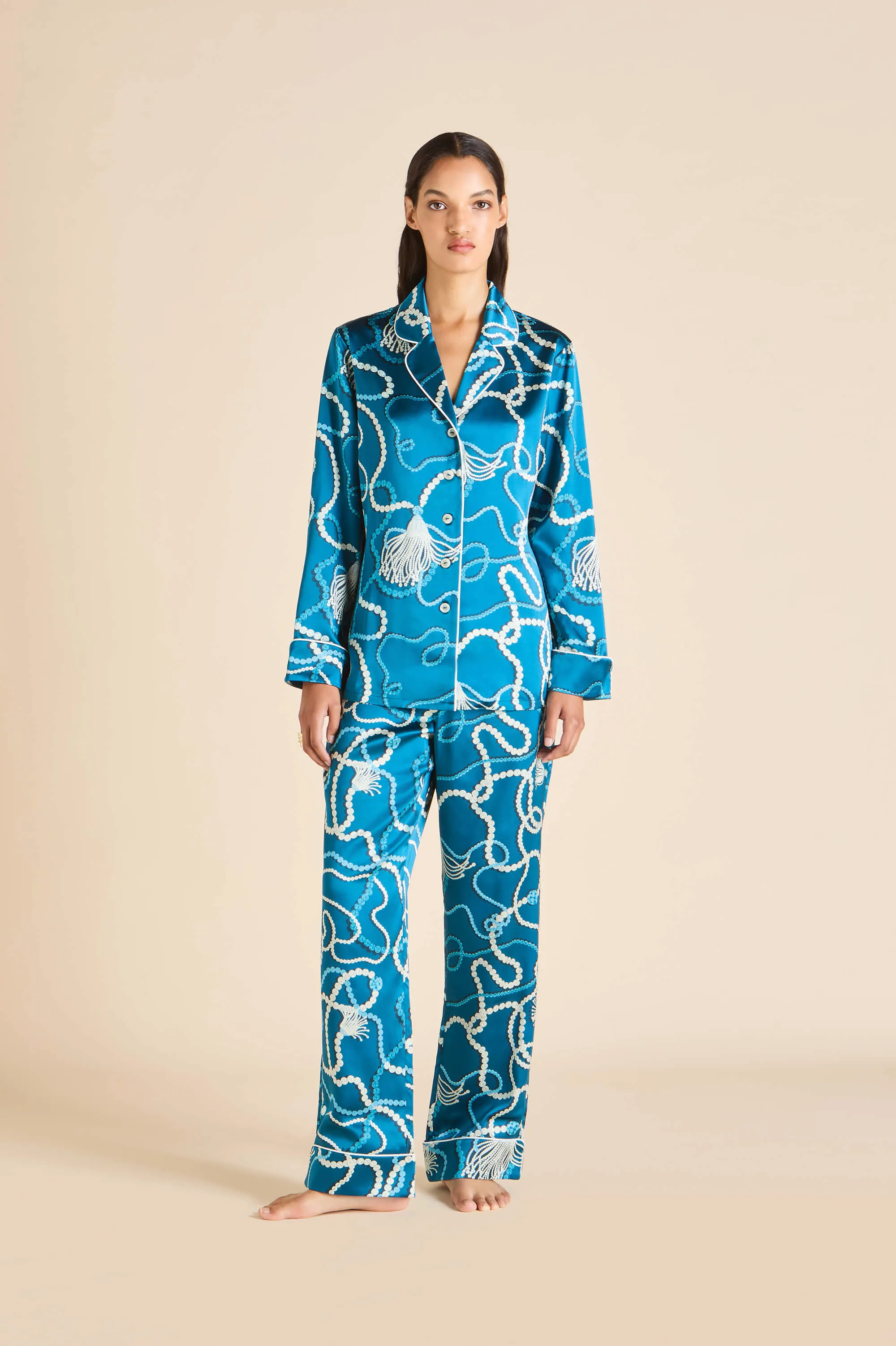 Lila Periwinkle Blue Jewel Pajamas in Silk Satin sold by Olivia von Halle