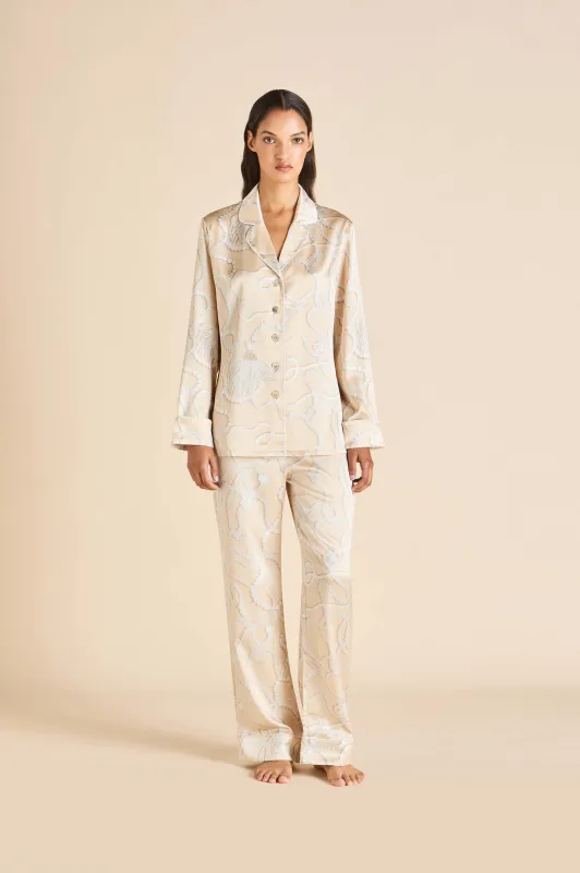 Lila Pearl Pink Jewel Pajamas in Silk Satin sold by Olivia von Halle