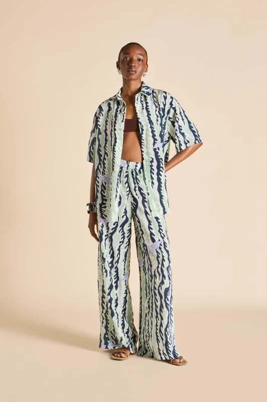 Alabama Marina Navy Wave Pajamas in Silk Crêpe de Chine sold by Olivia von Halle