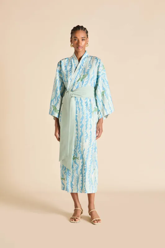 Amaya Sirena Blue Wave Robe in Cotton-Silk sold by Olivia von Halle
