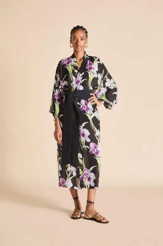 Amaya Seaholly Black Floral Robe in Silk-Chiffon sold by Olivia von Halle