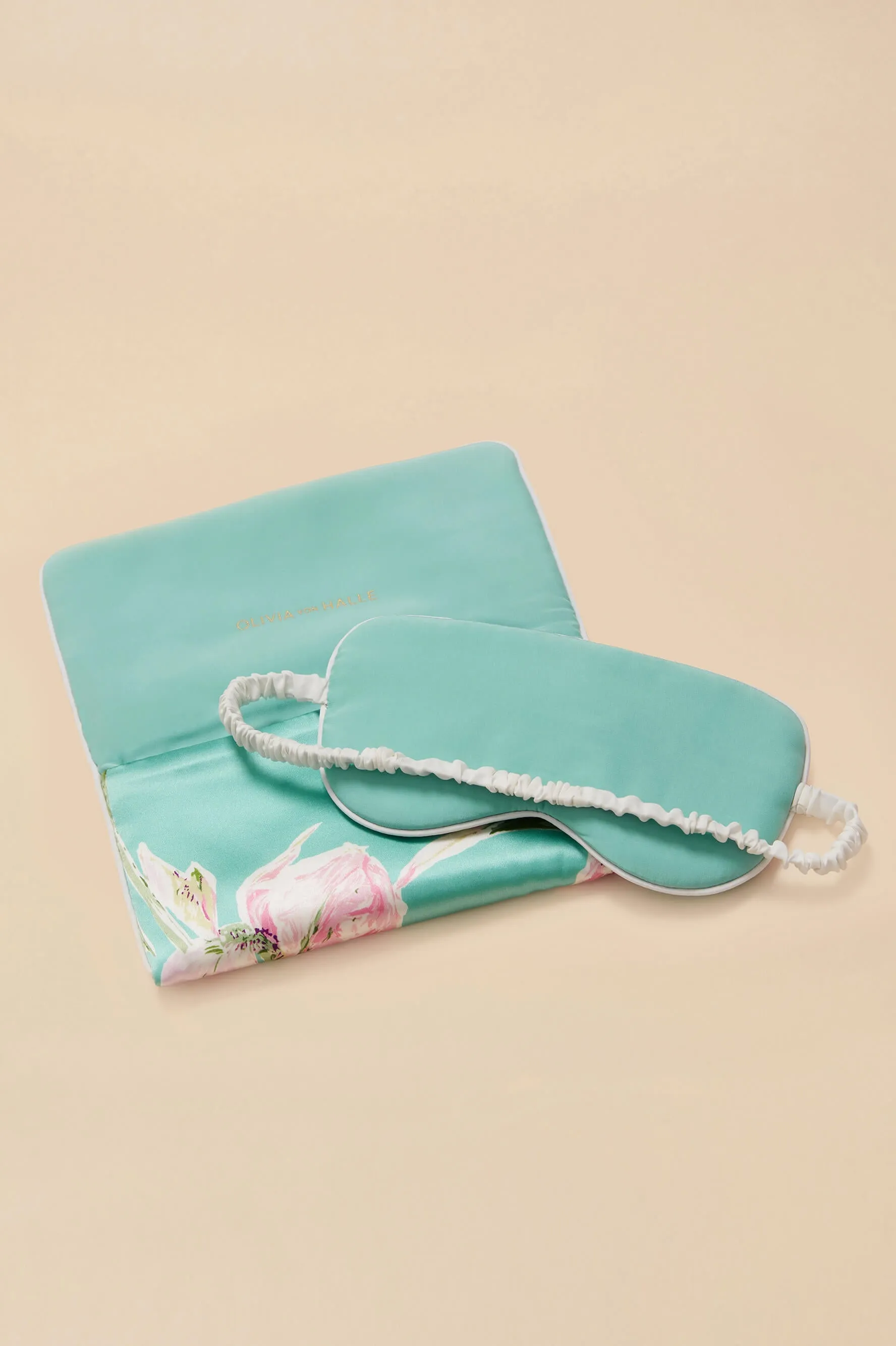 Audrey Abalone Turquoise Floral Eye Mask in Silk Satin sold by Olivia von Halle product image thumbnail 3