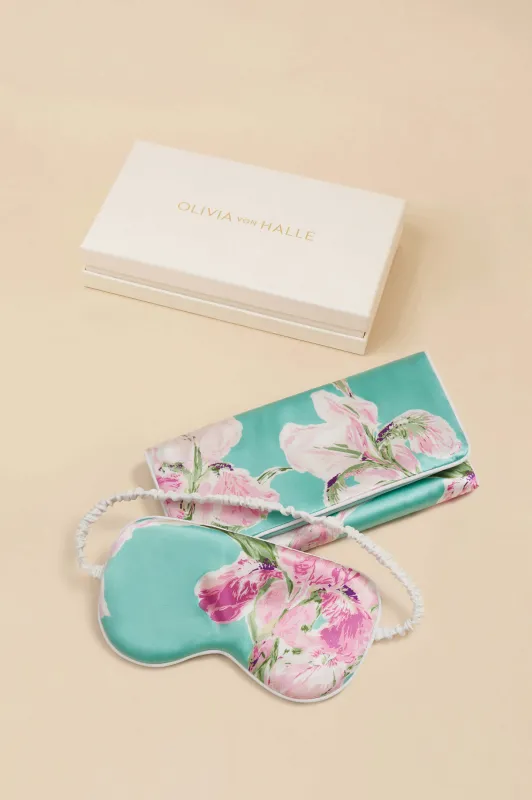 Audrey Abalone Turquoise Floral Eye Mask in Silk Satin sold by Olivia von Halle
