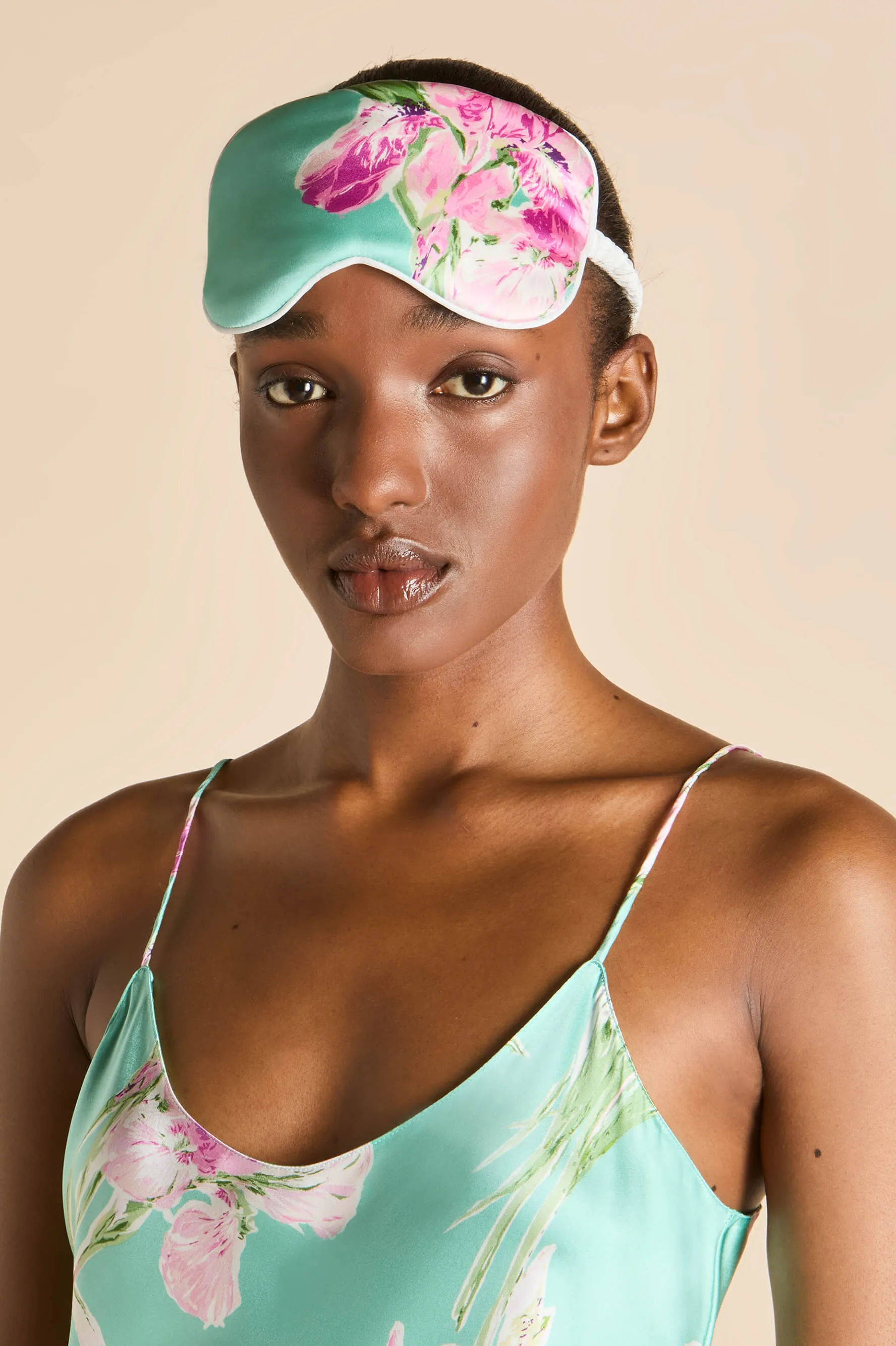 Audrey Abalone Turquoise Floral Eye Mask in Silk Satin sold by Olivia von Halle product image thumbnail 4