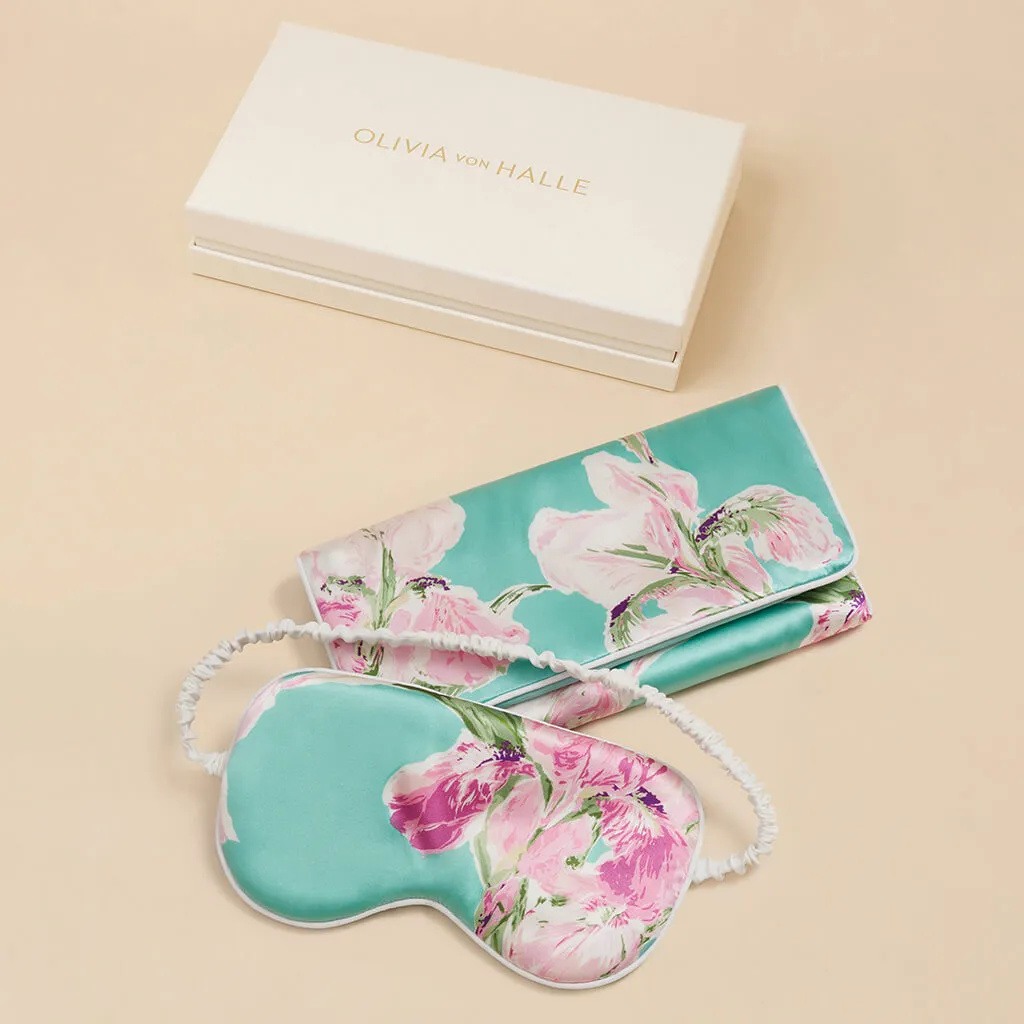 Audrey Abalone Turquoise Floral Eye Mask in Silk Satin sold by Olivia von Halle product image thumbnail 2