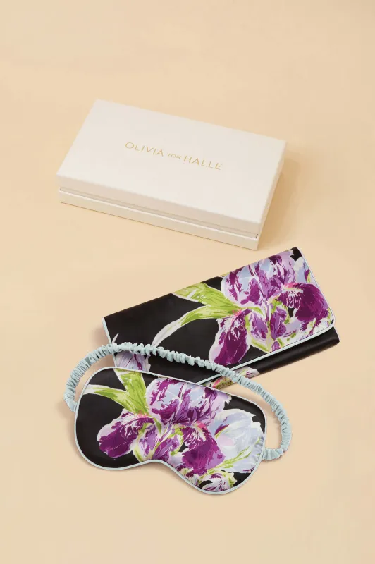 Audrey Athena Black Floral Eye Mask in Silk Satin sold by Olivia von Halle