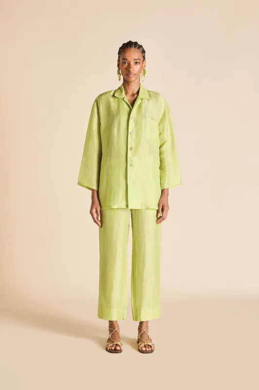 Casablanca Celery Green Pajamas in Linen-Silk sold by Olivia von Halle