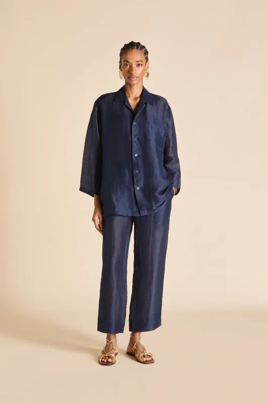 Casablanca Navy Pajamas in Linen-Silk sold by Olivia von Halle
