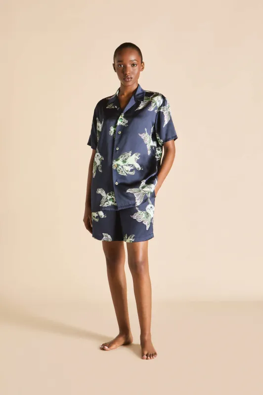 Emeli Caspian Navy Goldfish Pajamas in Silk Satin sold by Olivia von Halle