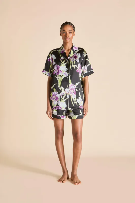Ingo Athena Black Floral Pajamas in Silk Satin sold by Olivia von Halle