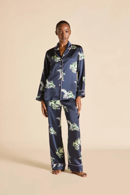 Lila Caspian Navy Goldfish Pajamas in Silk Satin made by Olivia von Halle