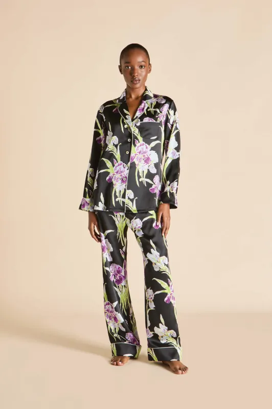 Lila Athena Black Floral Pajamas in Silk Satin sold by Olivia von Halle