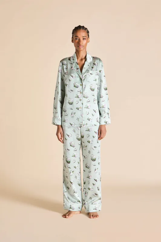 Lila Cowrie Blue Seashell Pajamas in Silk Satin sold by Olivia von Halle