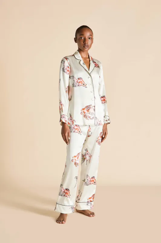 Lila Cora Ivory Goldfish Pajamas in Silk Satin made by Olivia von Halle