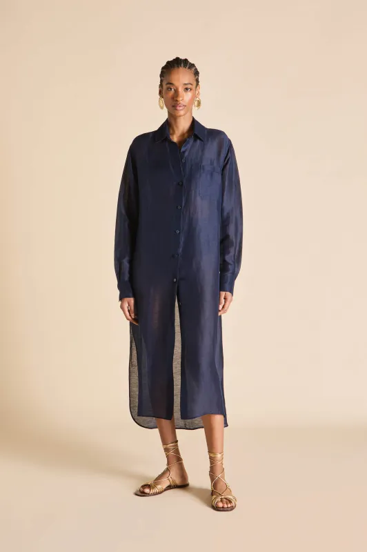 Phoebe Navy Shirt Dress in Linen-Silk sold by Olivia von Halle