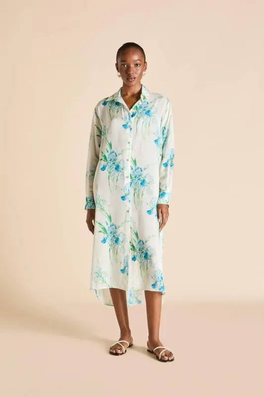 Phoebe Samphire Ivory Floral Shirt Dress in Silk-Chiffon sold by Olivia von Halle