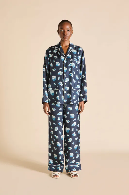 Yves Nautilus Navy Seashell Pajamas in Silk Twill sold by Olivia von Halle